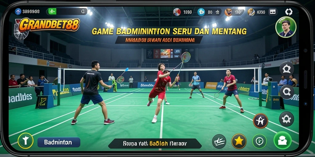 Antarmuka pengguna <strong>GRANDBET88</strong> yang menarik saat bermain badminton.
