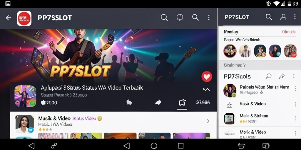 Screenshot antarmuka PP7SLOT menampilkan berbagai pilihan video dan musik.